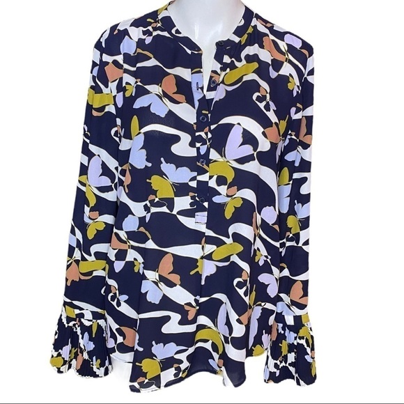 Ann Taylor Pleated Cuff Butterfly Print Blouse Size M - Picture 2 of 9